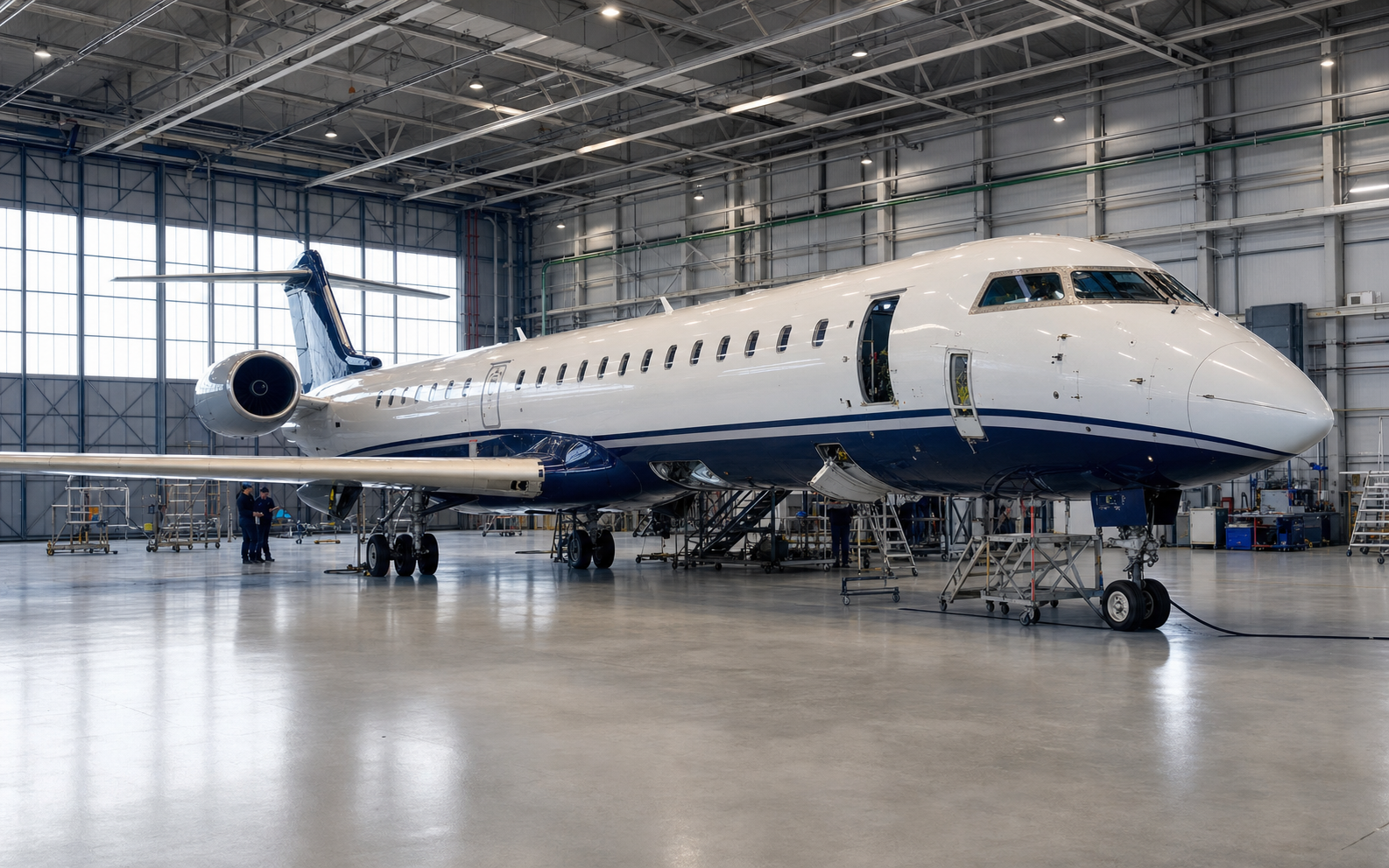 CRJ900 regional aircraft undergoing airframe maintenance in a hangar