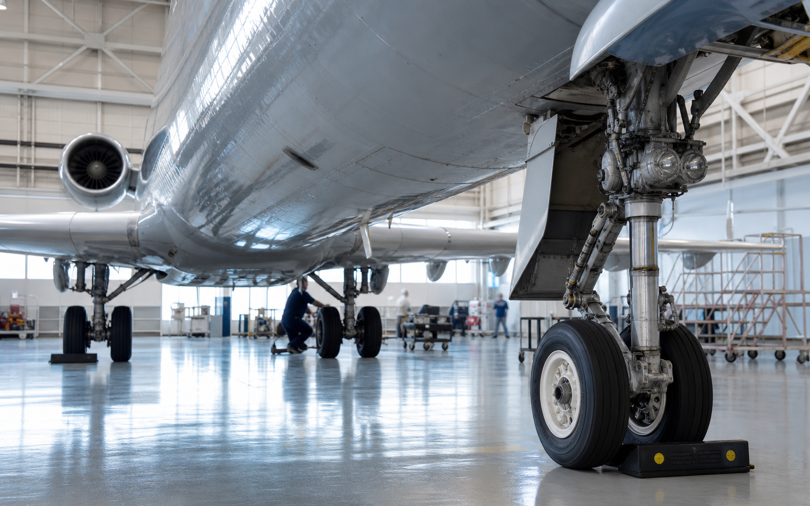 CRJ900 nose and main landing gear undergoing inspection