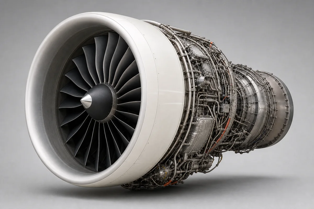 Large commercial aircraft engine in maintenance setting